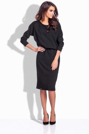Rochie casual neagra cu lungime medie si maneci lungi